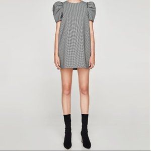 Zara Houndstooth Puff Sleeve Minidress